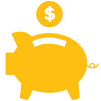 An outline of a piggy bank with a coin dropping into it