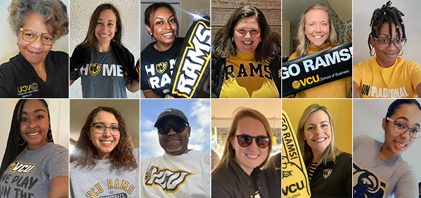 A collage of alumni relations staff members in black-and-gold gear