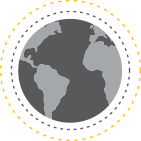 Grayscale illustration of Earth, surrounded in dark gray dotted line, surrounded by a gold dotted line