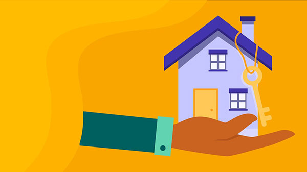 An illustration of a hand holding a house against a yellow background