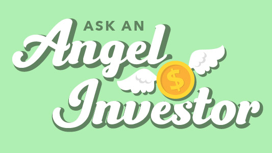 Ask an Angel Investor with a gold coin with wings against a light green background