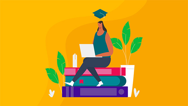 An illustration of a student sitting on a stack of books against a yellow background