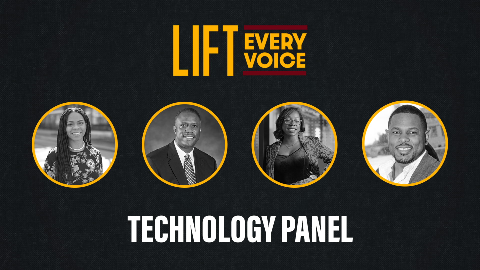 Lift Every Voice: Technology Panel with black-and-white images of four alumni