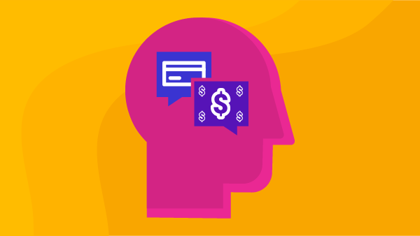 An illustration of a pink head with a credit card and dollar bill inside of it against a yellow background