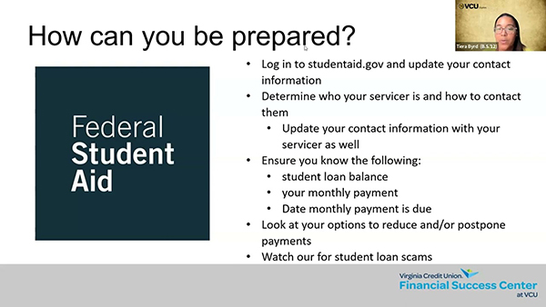 Screen shot of a student loan repayment webinar