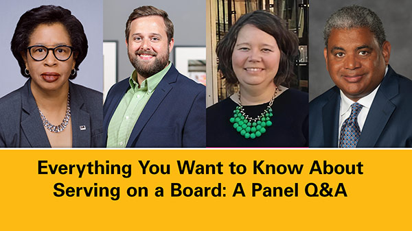 Everything you wanted to know about serving on a board webinar with headshots of the four panelists