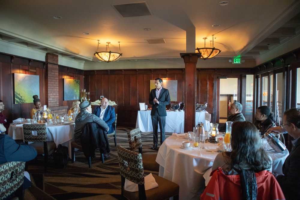 V-C-U president Michael Rao speaks to a crowd of alumni.