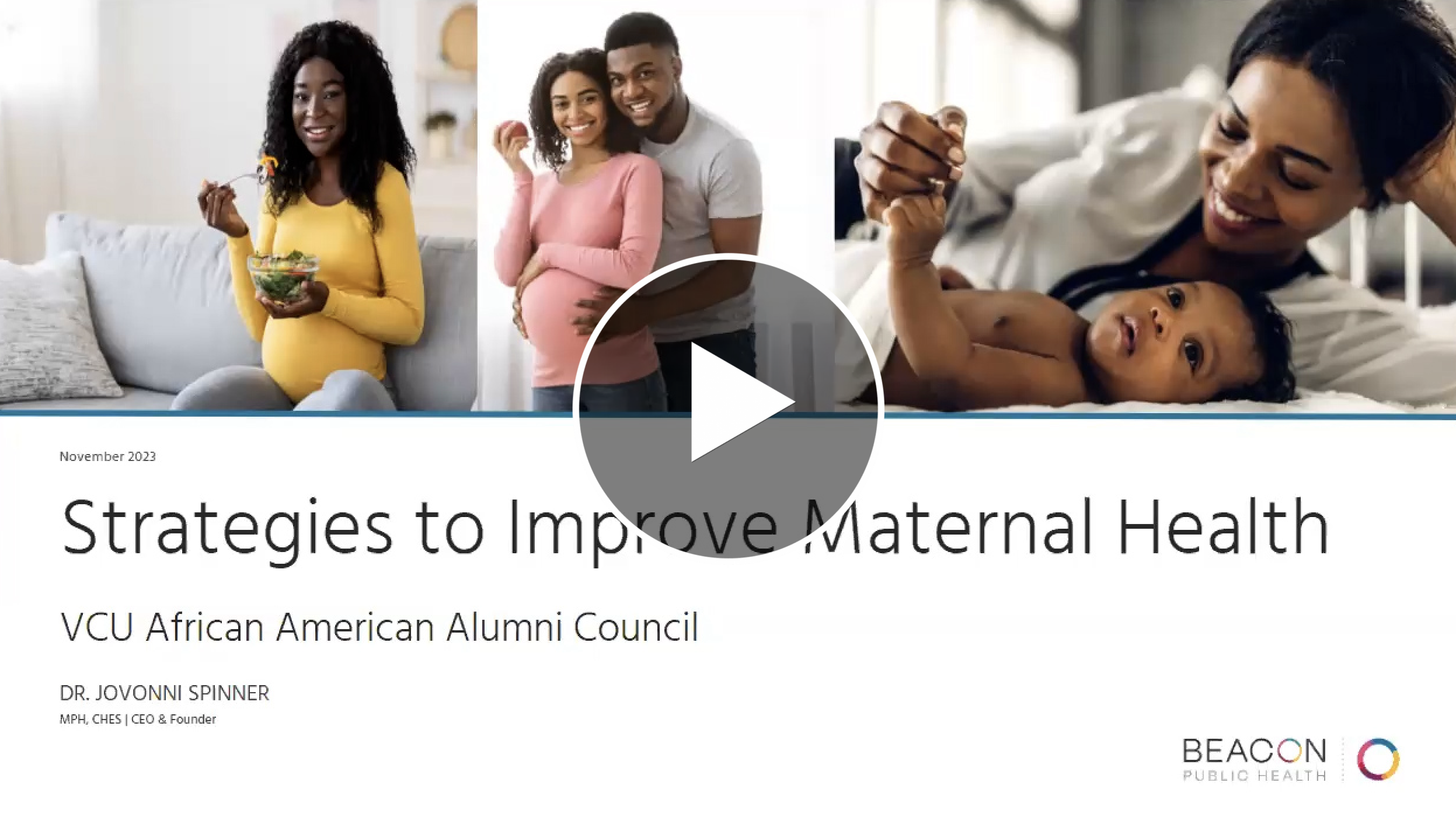 A collage of three photos including a pregnant woman eating a salad, a pregnant woman and her partner and a woman holding a baby's hand. All women of color.