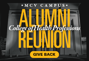 Graphic for the MCV Campus Alumni Reunion for the College of Health Professions, featuring a black-and-white building background with bold yellow text and a ‘Give Back’ button.