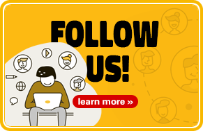 Yellow background with an illustration of a person on a laptop computer. Follow us on social media.