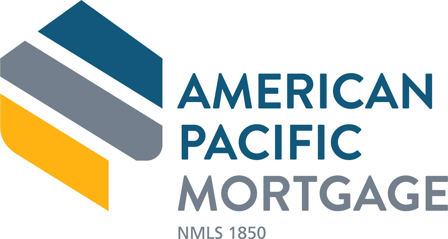 American Pacific Mortgage logo with a blue, gray and yellow stripe to the left side of the company name