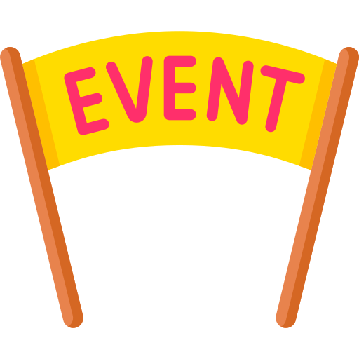 Vector drawing of an event placard, a flag held up by two sticks, with the word event written in red