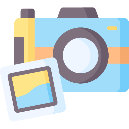 Vector drawing of a mulicolored camera with a polaroid stood up in front of it.