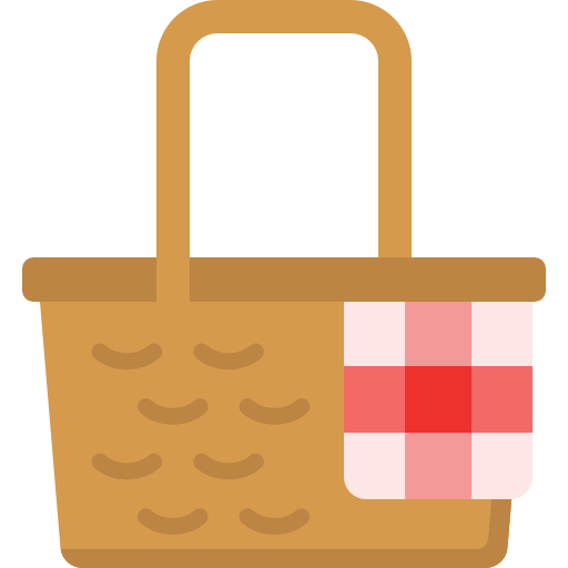 Vector drawing of a wooden picnic basket, with a red and white checkered cloth draped on the side